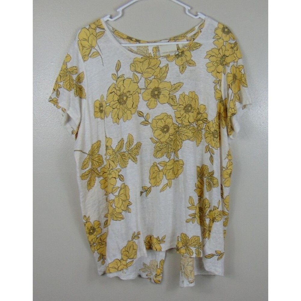 Cynthia Rowley 100% Linen Shirt Womens 1X Yellow Floral Short Sleeve Button Back